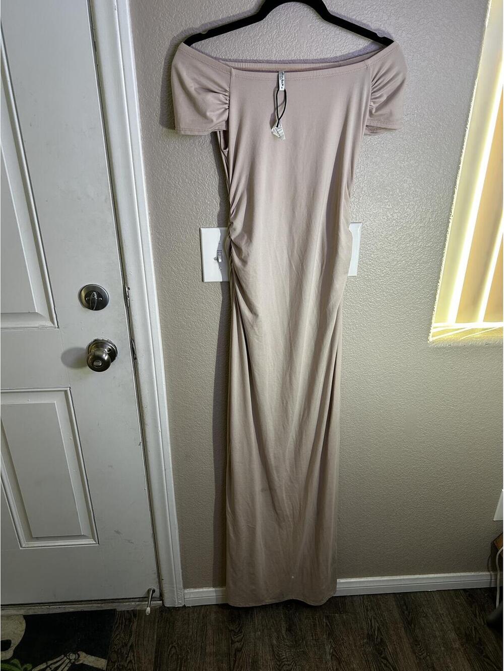 Mother Bee Maternity Elegant Off-Shoulder Beige Maxi Dress Size Small